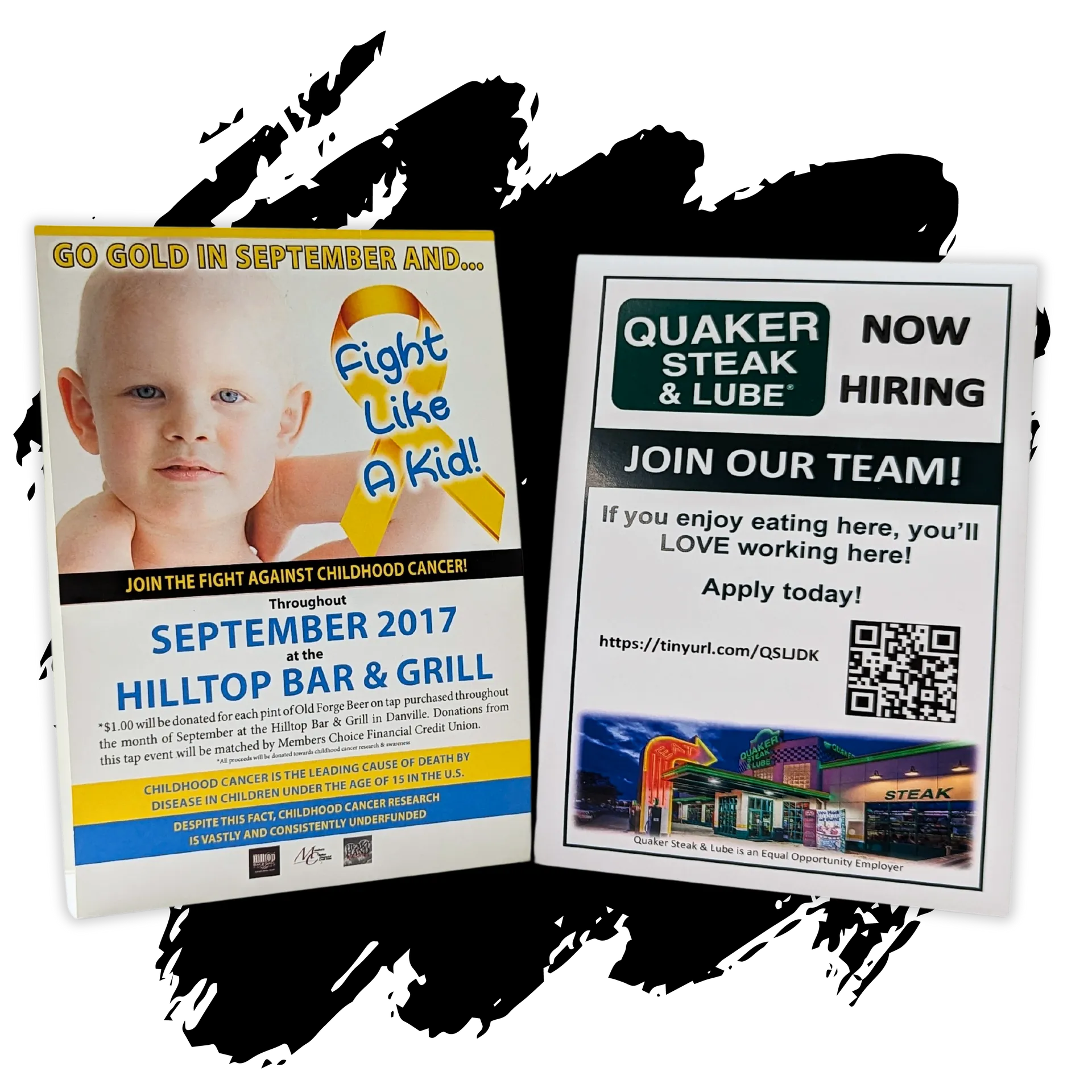 A poster for quaker steak and lube is next to a poster for september 2017 hilltop bar and grill
