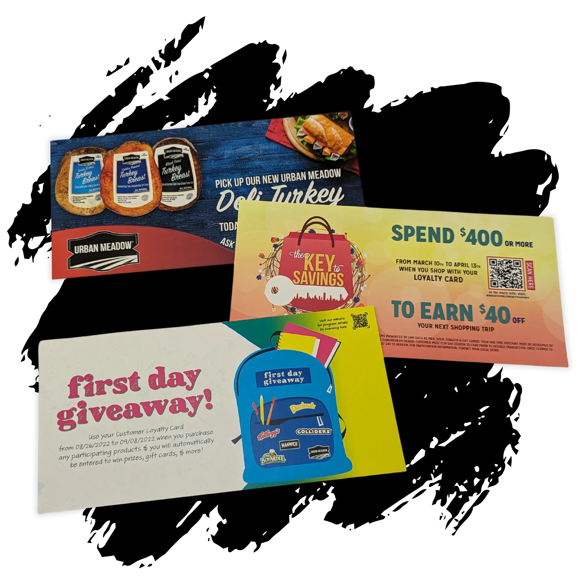 A bunch of flyers with one that says first day giveaway