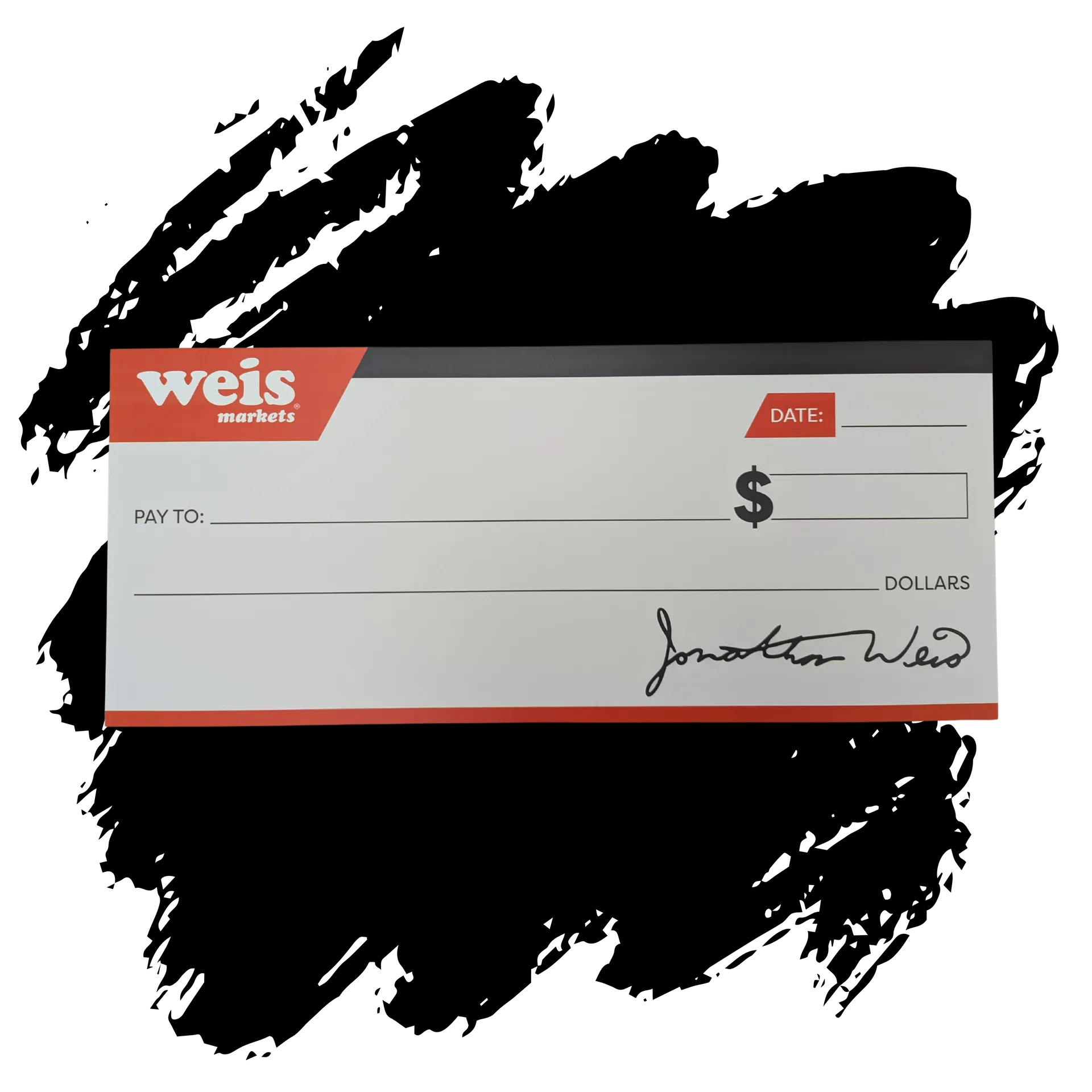 A weis check is sitting on top of a black brush stroke.