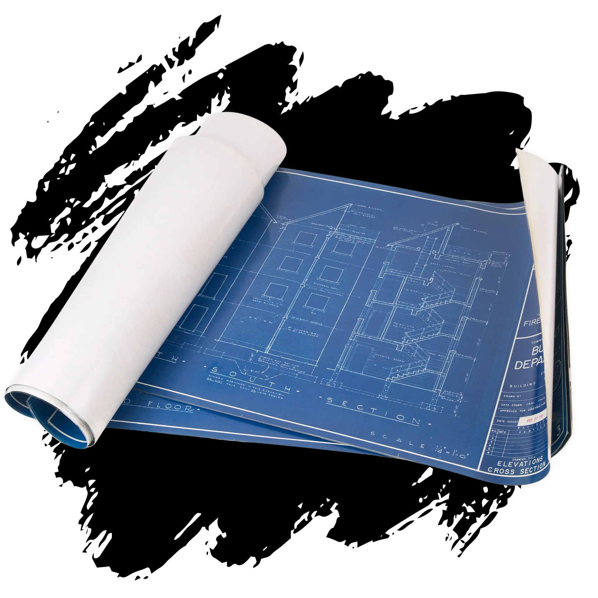 A blueprint of a building is rolled up on a black background