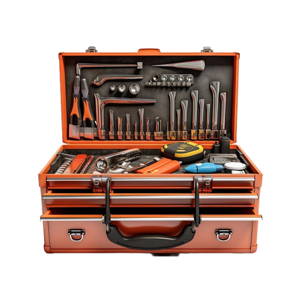 A toolbox filled with lots of tools on a white background.