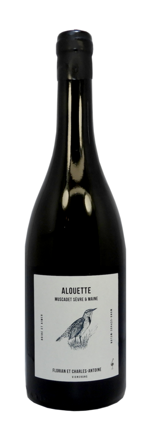 Une bouteille de vin avec un oiseau sur l'étiquette sur fond blanc.