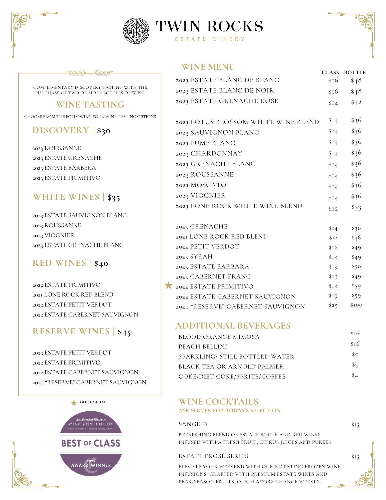 Twin Rocks restaurant menu with gold border and purple accents on a white background