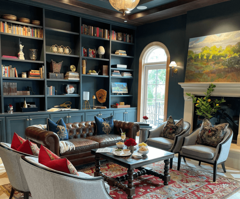 Elegant lounge with blue built-ins, fireplace, red patterned rug, and upholstered seating around a coffee table.