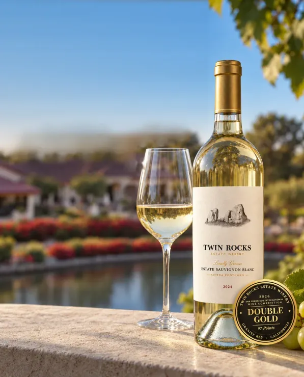 White wine bottle and filled glass on a stone ledge by a lake with flowers in the background