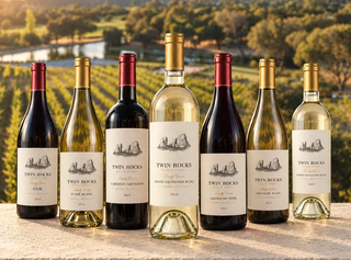 Six wine bottles with labels lined up outdoors against a scenic vineyard backdrop at sunset