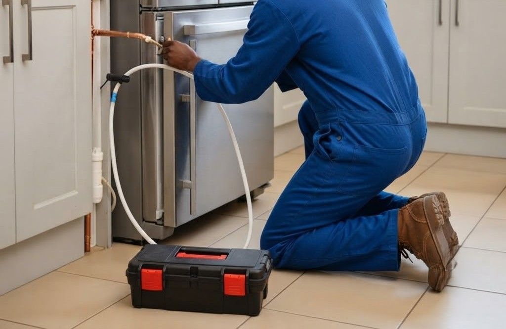 Plumber in blue coveralls kneeling by a sink, working on pipes with a toolbox on the kitchen floor.