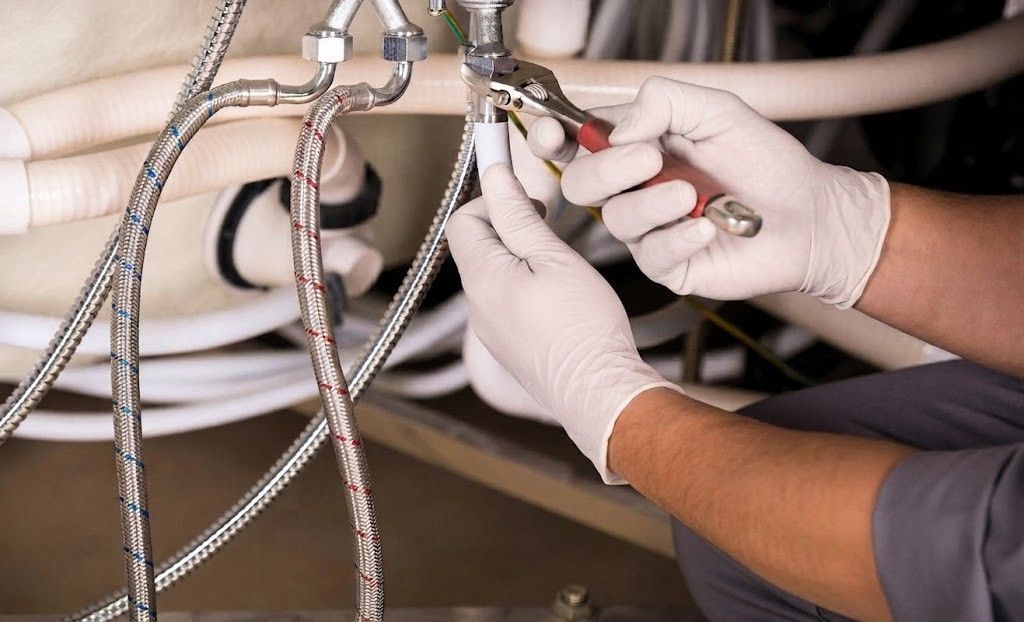 Gloved hands adjusting metal medical tubing and connectors on a hospital bed