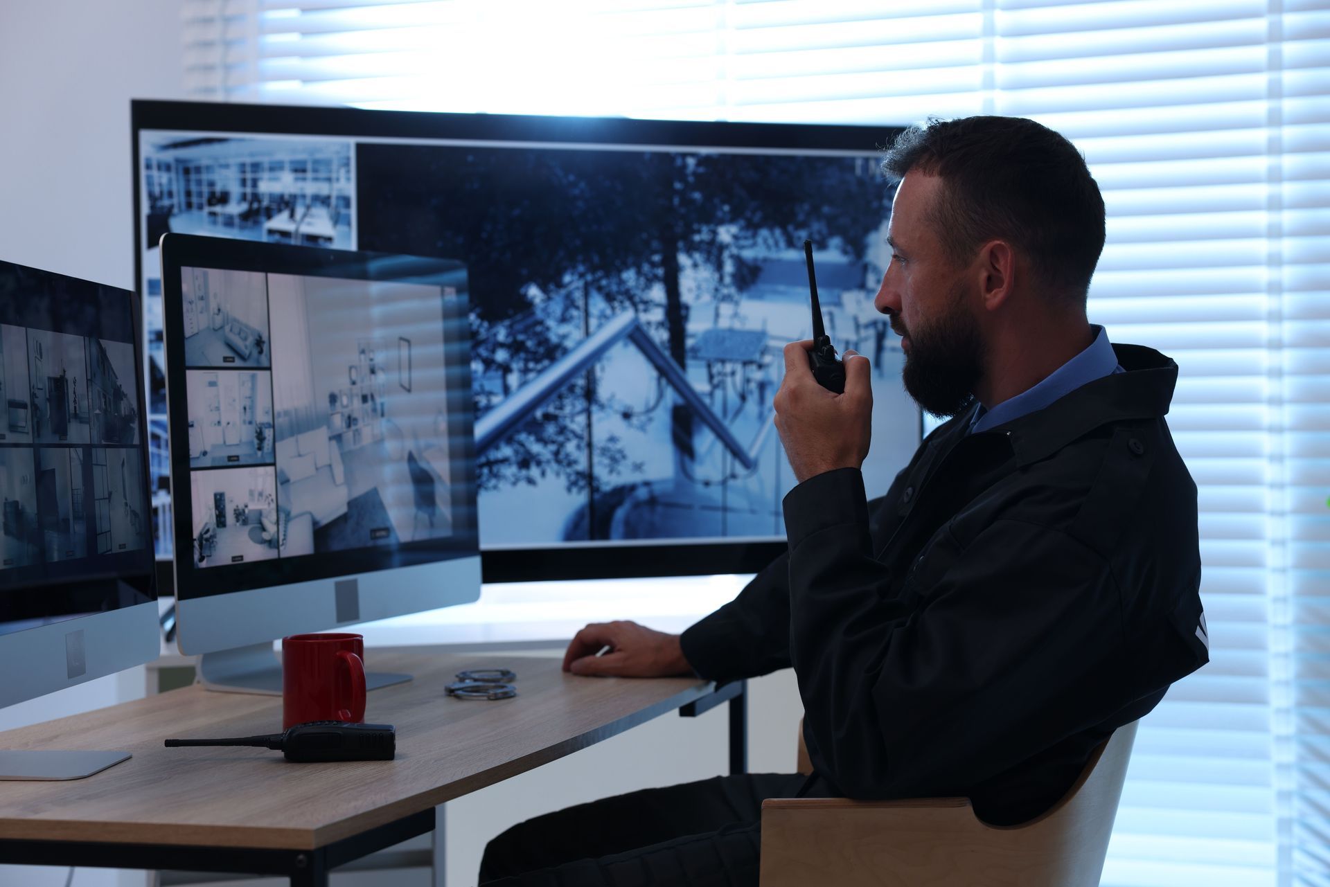 Man working at dual monitors, speaking into a radio in a modern office with bright window blinds.