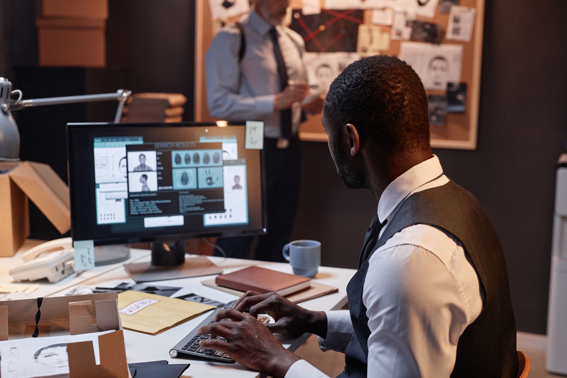Person working at a desk with a computer in an office, reviewing documents and a video call on screen