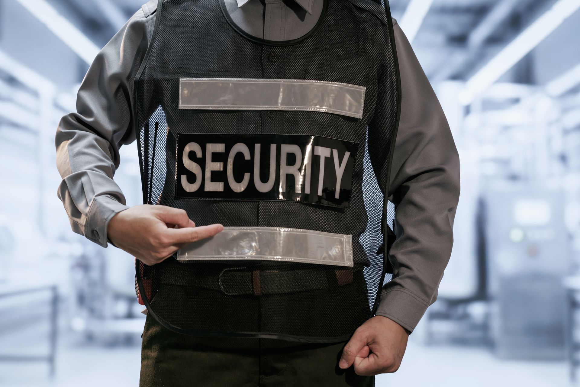 Security guard adjusting a black reflective vest in a bright industrial hallway