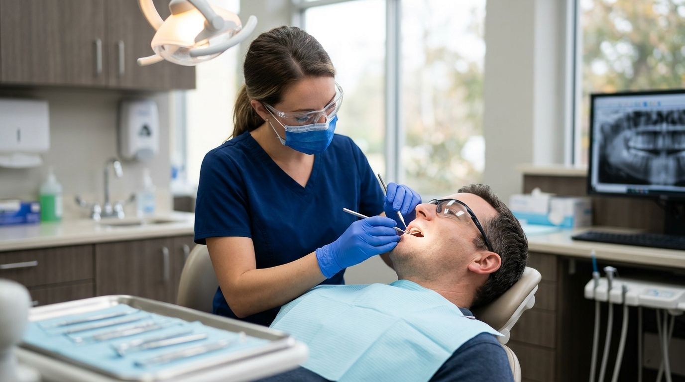 Dentist wearing blue scrubs examines a patient in a dental chair with tools in a clinic.
