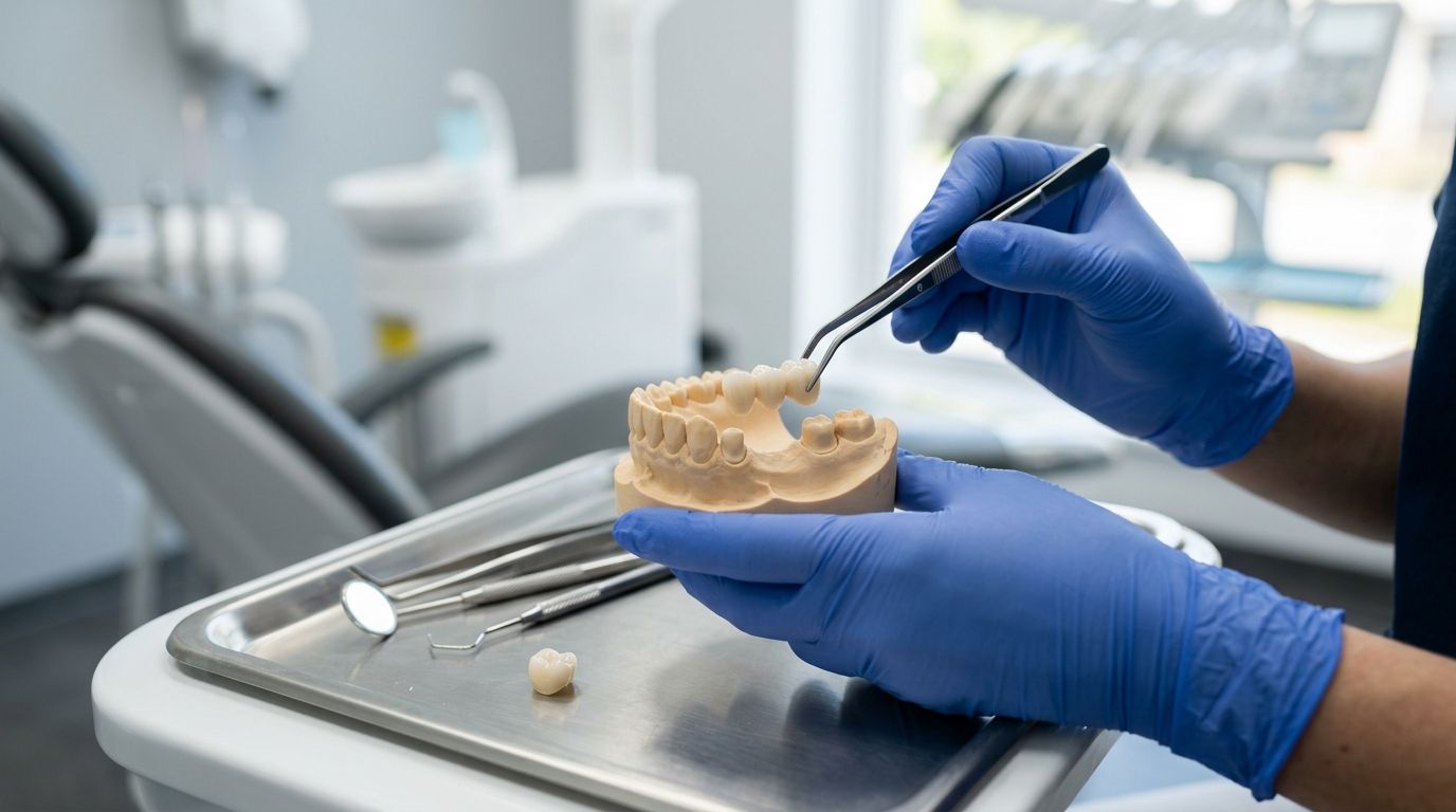 Gloved hands shaping a dental mold on a tray in a clinic lab