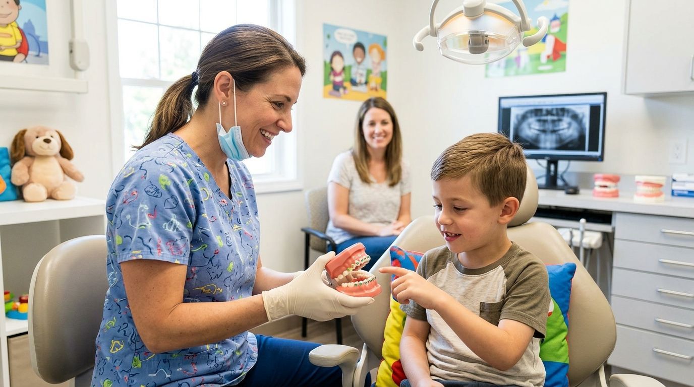 Dentist showing a smiling child a model teeth in a bright pediatric dental office