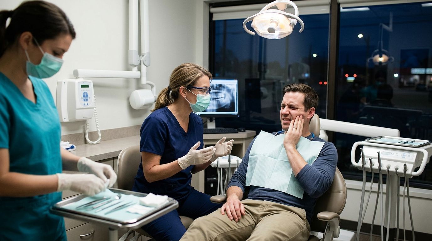 Dental team treating a smiling patient in a clinic, with one staff member holding a tablet.