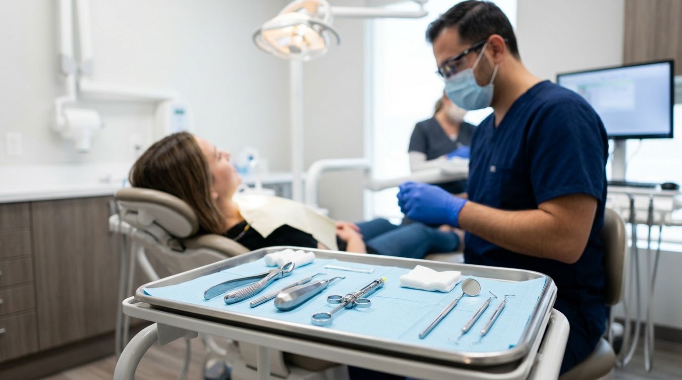 Dentist treating a patient in a modern clinic, with dental tools on a tray in the foreground.