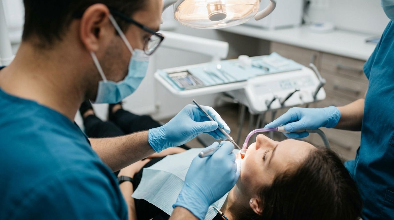 Dentist treating a patient’s teeth with tools in a clinic, both wearing masks and gloves.