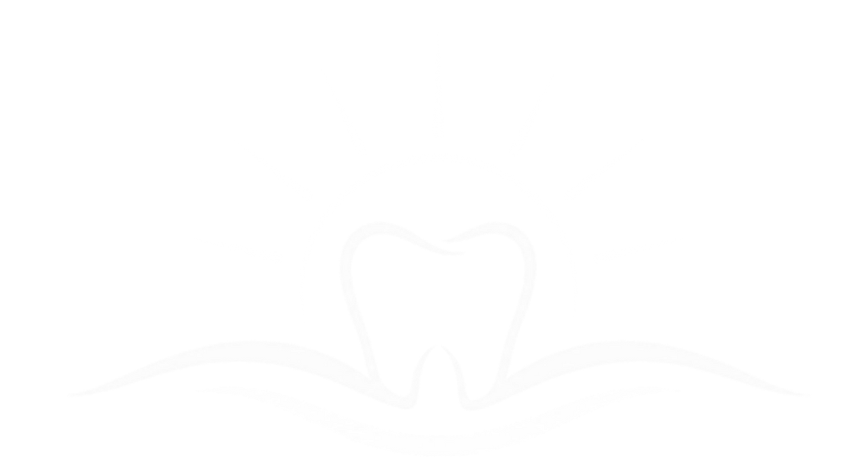 Blue dental-themed logo with a stylized tooth, a smile, and four sparkles.