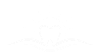 Blue dental-themed logo with a stylized tooth, a smile, and four sparkles.