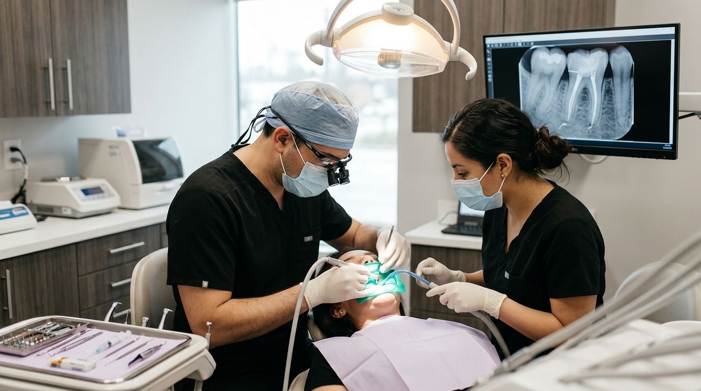 Dentist and assistant treating a patient in a dental clinic, with X-rays visible on a monitor.