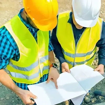 Concrete team leader reviewing blueprint with councilman, assisting with council consents and approvals in the Hutt Valley.