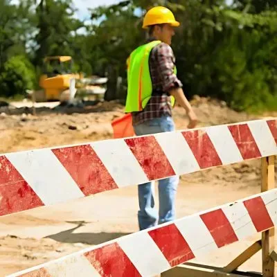 A traffic management supervisor directs vehicles at a blocked driveway construction site in Taita.