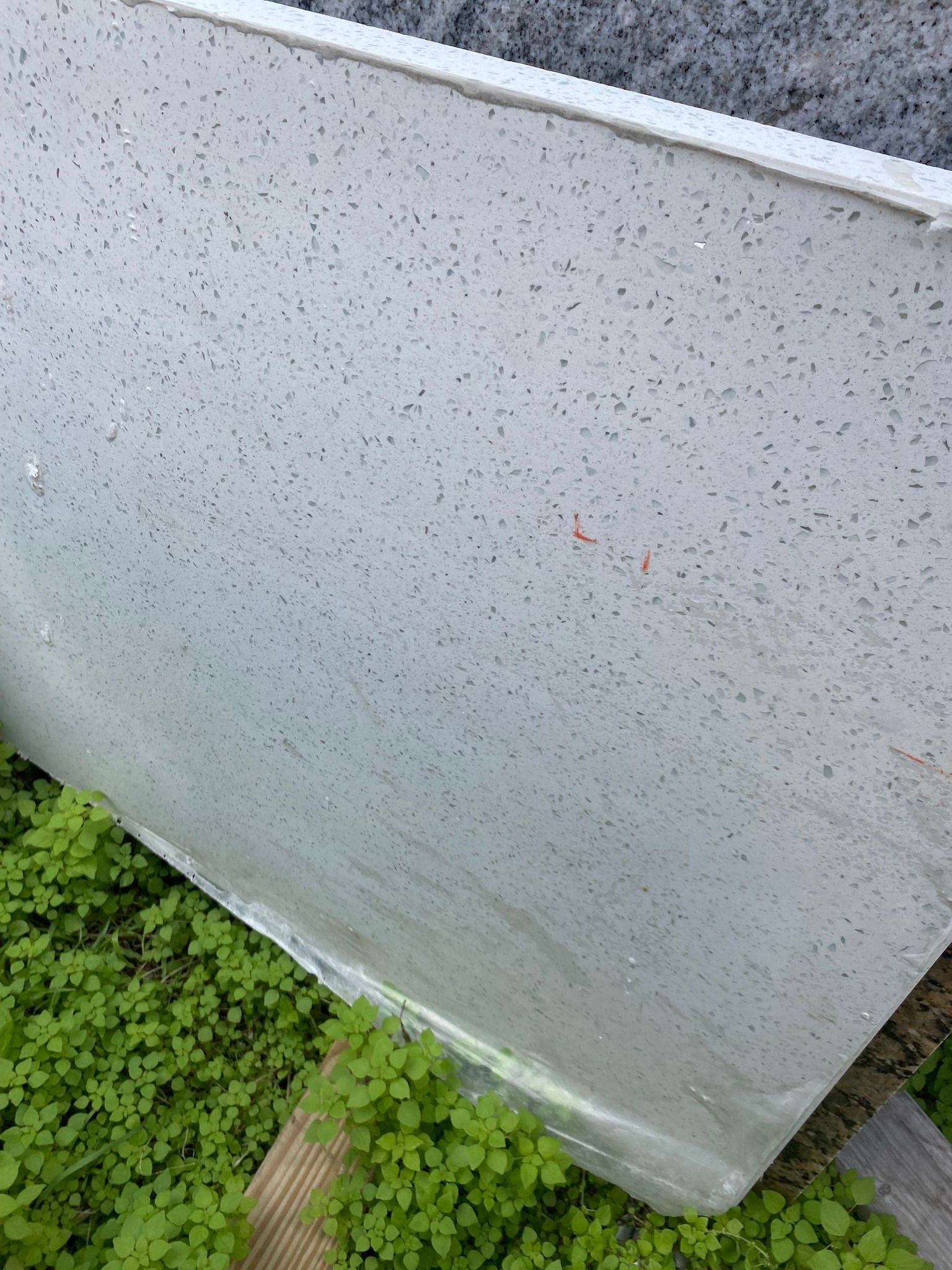 Gray panel with flecks, near green foliage.