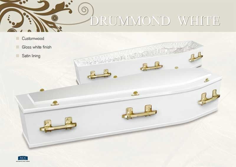 White Coffin With Brass Handles and Satin Lining — Finlayson & McKenzie Funeral Directors in Rockhampton City, QLD