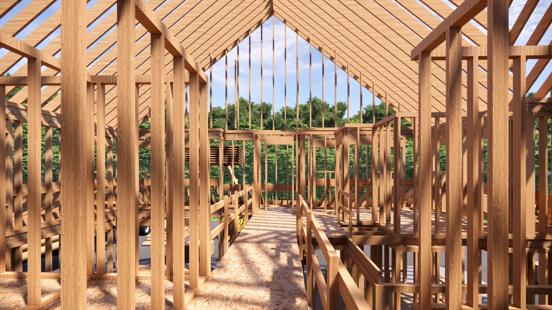 A 3D rendering of a wooden house under construction.