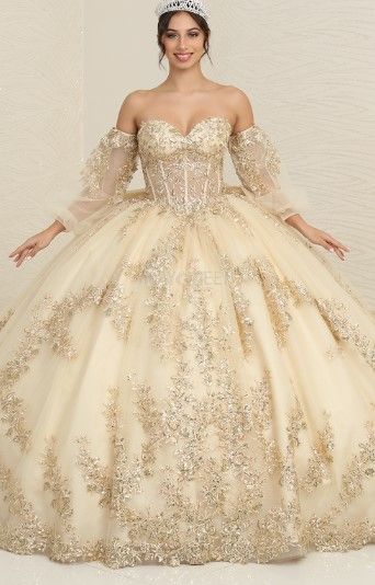 A woman is wearing a gold ball gown and a crown.