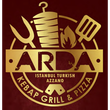 Logo ARDA Istanbul Turkish Azzano in oro su sfondo rosso scuro, con icone di kebab, griglia e pizza.