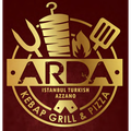 Logo ARDA Istanbul Turkish Azzano in oro su sfondo rosso scuro, con icone di kebab, griglia e pizza.