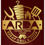 Logo ARDA Istanbul Turkish Azzano in oro su sfondo rosso scuro, con icone di kebab, griglia e pizza.