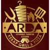 Logo ARDA Istanbul Turkish Azzano in oro su sfondo rosso scuro, con icone di kebab, griglia e pizza.