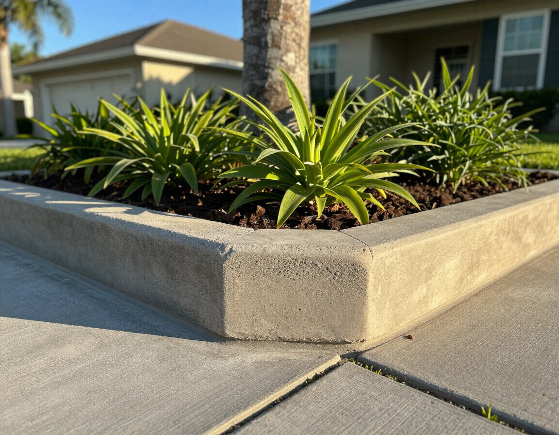 Completed decorative concrete curbing around a garden bed at a Lakeland FL home by New Era Landscaping