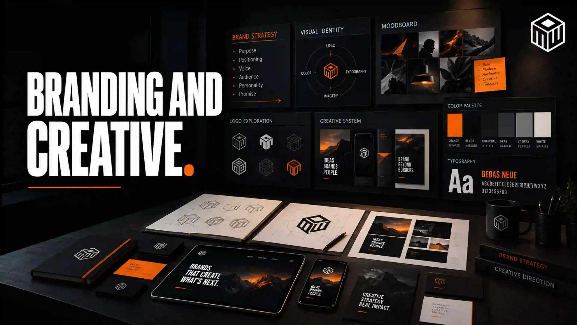 Dark branding mockups with orange accents and bold text reading “BRANDING AND CREATIVE.”