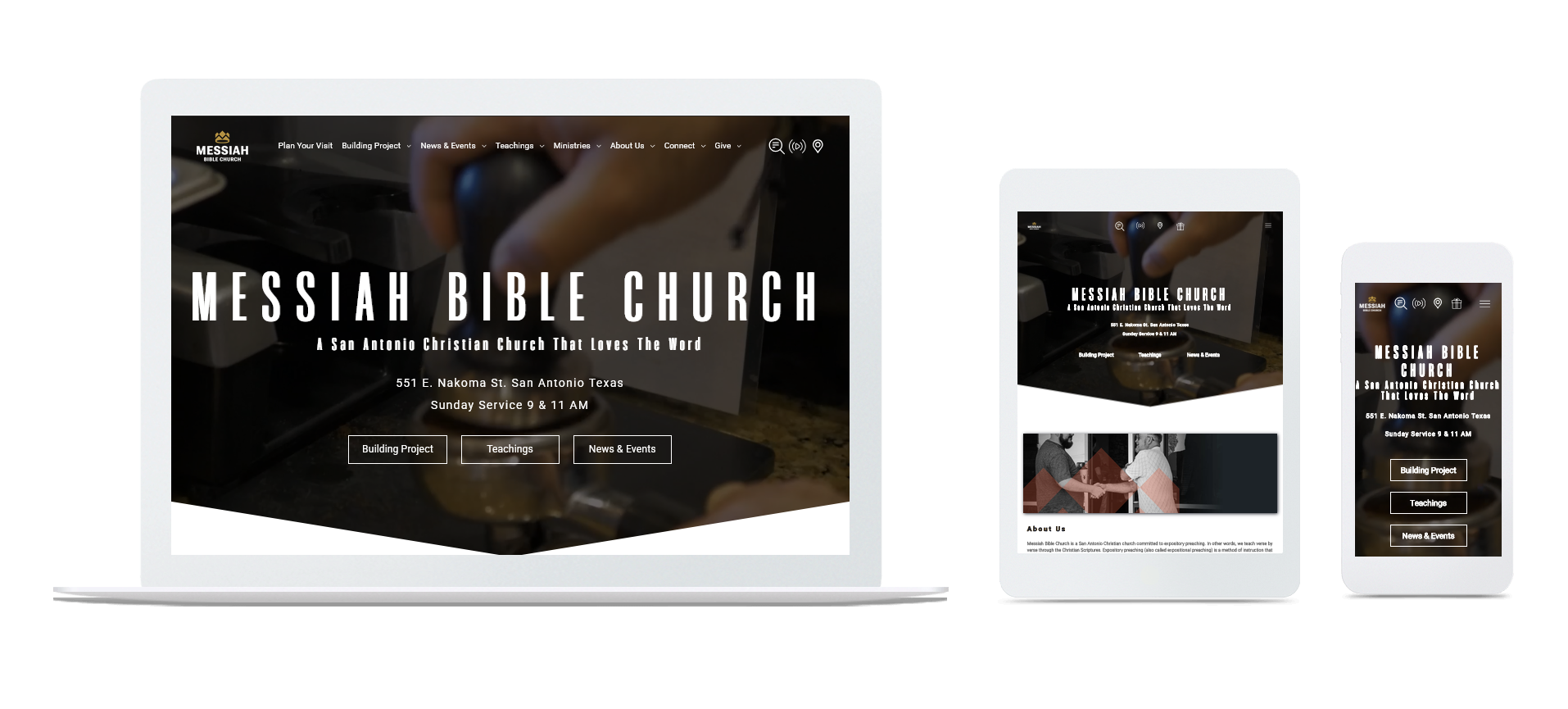Desktop, tablet, and phone displaying the Messiah Bible Church website.