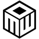 Black and white logo of a cube with an opening on top, the letters 