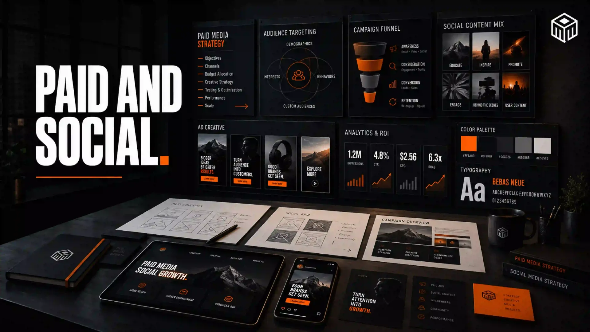 Dark social media branding mockups on a desk and wall, with bold white “PAID AND SOCIAL” text.