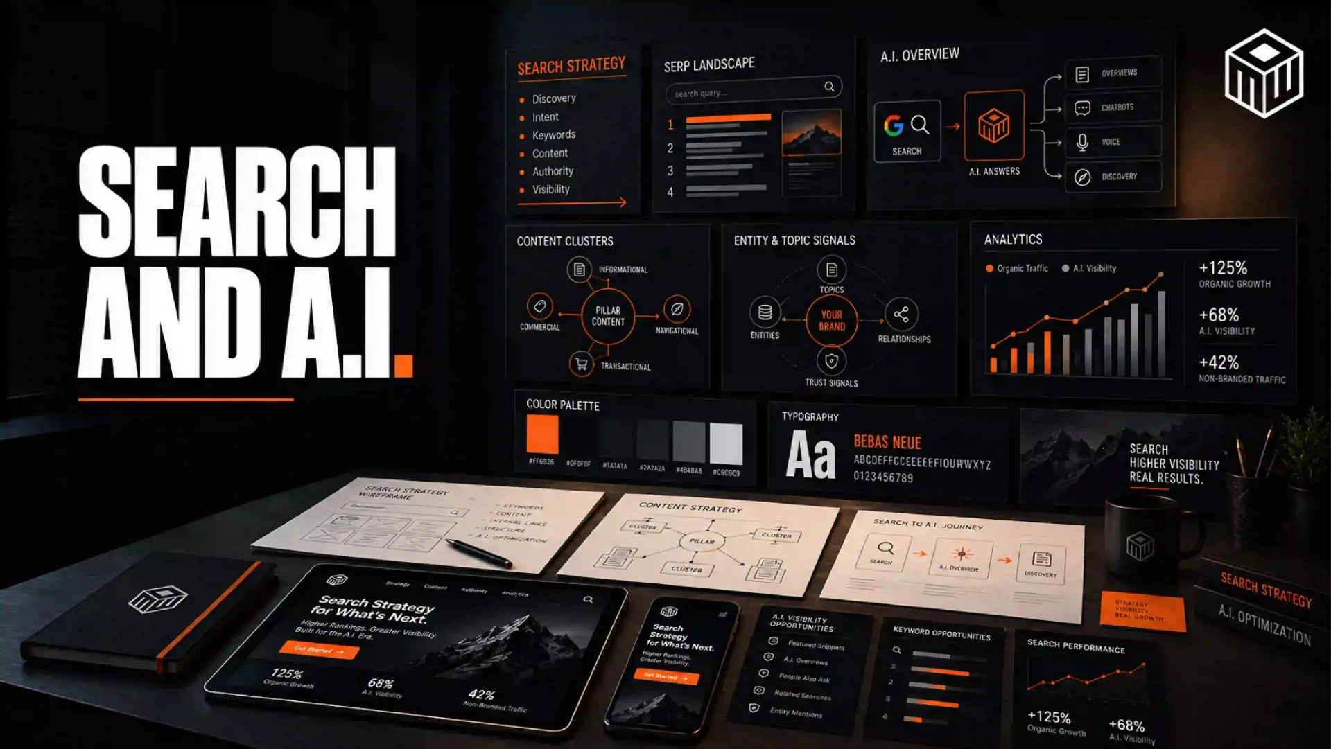 Dark tech dashboard with “SEARCH AND AI” text and multiple analytics screens on a desk
