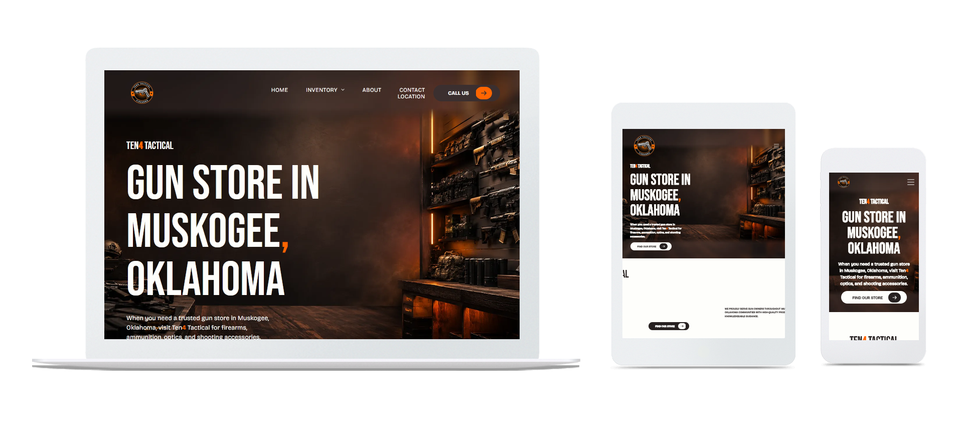 Desktop, tablet, and phone displaying the Ten4 Tactical website.