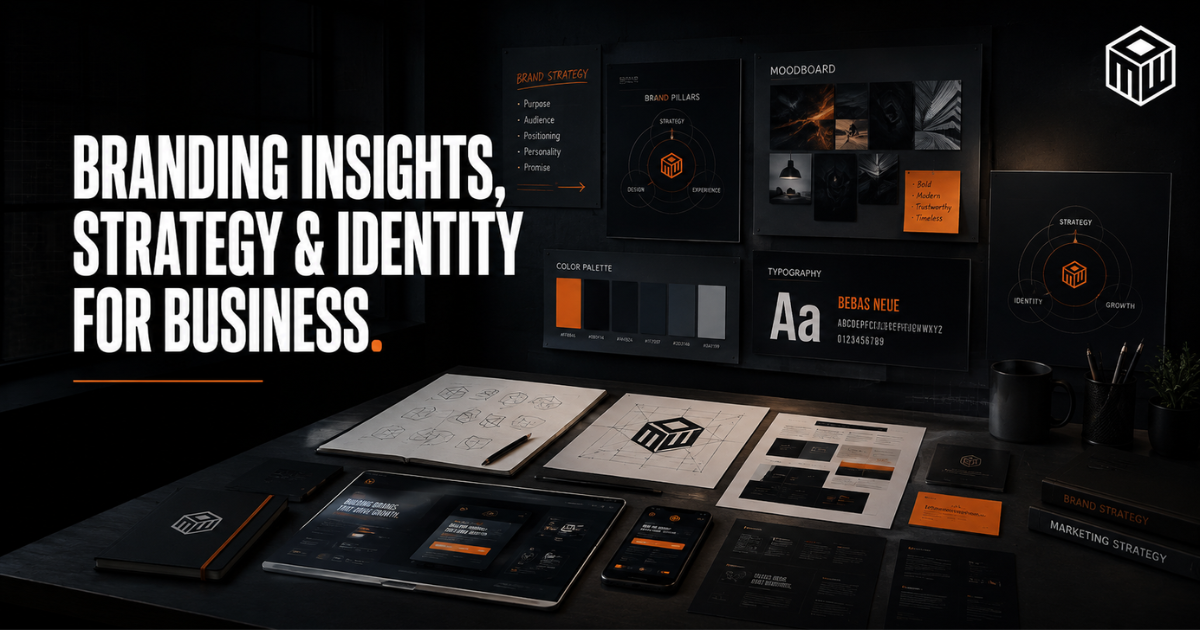Dark branding and identity mockup with “Branding Insights, Strategy & Identity for Business” text on a desk layout.