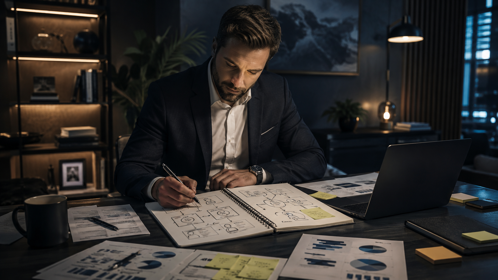 Business owner outlining company services, customers, and goals in a planning document.