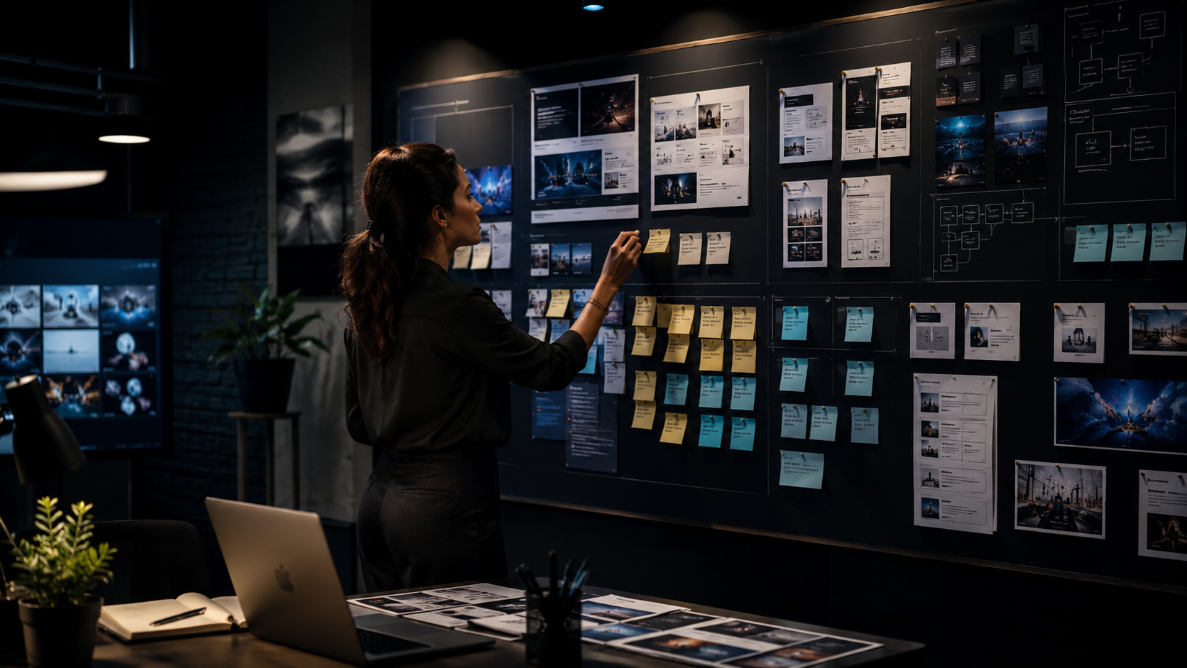 business content planning session Content strategist organizing website topics, social media ideas, and campaign notes on a planning board.