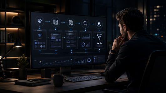 Our 3-Step Collaborative Transition Process Person viewing a wall of analytics dashboards on a large monitor in a dim office