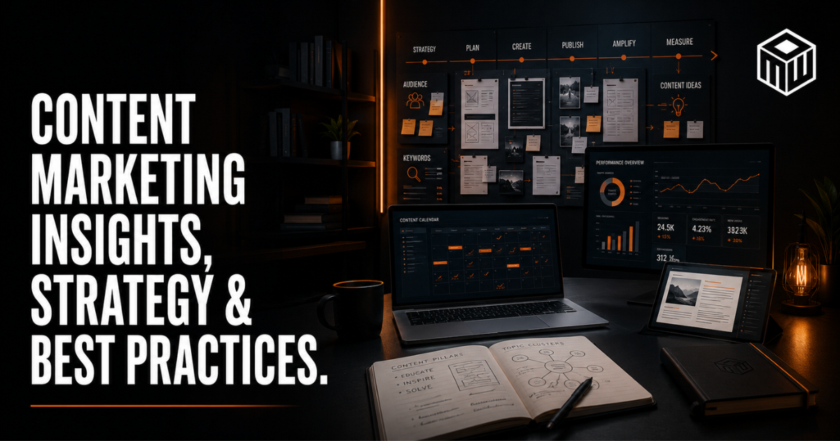 Dark desk with monitors, laptop, and notepad beside text: “Content Marketing Insights, Strategy & Best Practices.”