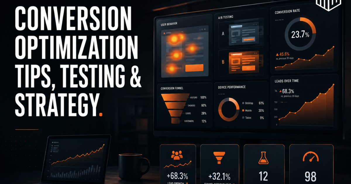 Conversion optimization dashboard showing user behavior, testing insights, lead growth, and website