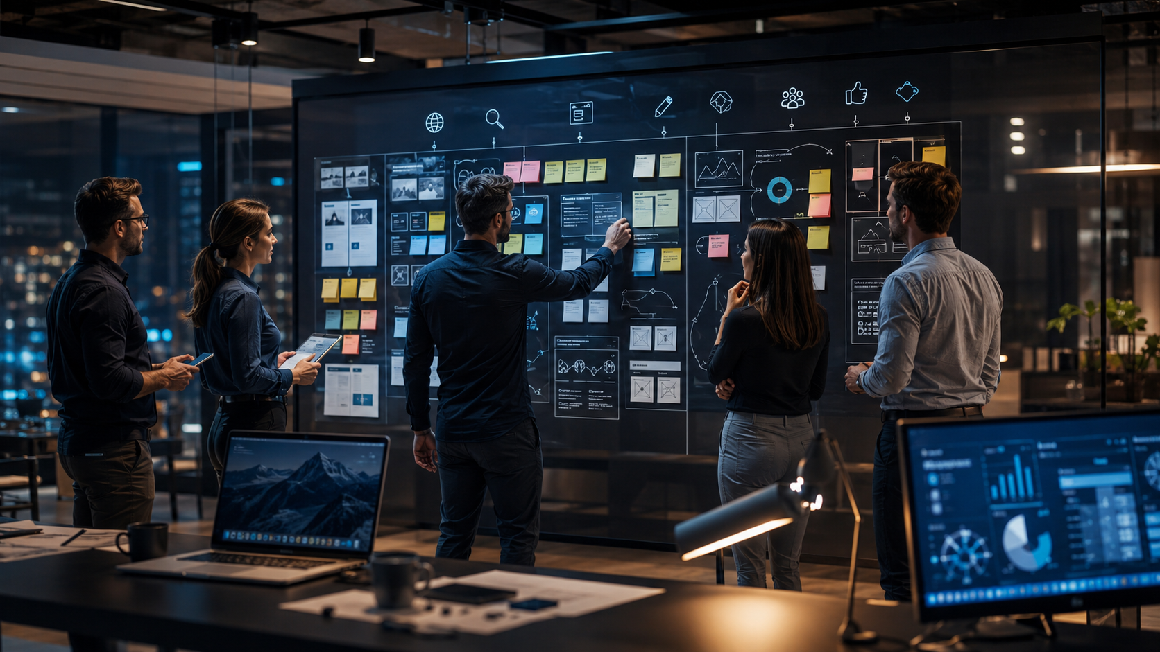Digital Marketing Services Planning Marketing team organizing website, search, content, branding, and social media tasks on a planning board.