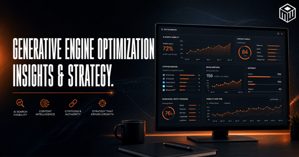 Dark orange-and-black dashboard promo reading “Generative Engine Optimization Insights & Strategy.”
