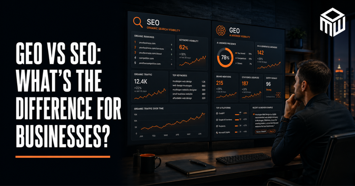 SEO vs GEO headline beside a person analyzing dashboards on dual monitors in a dark workspace